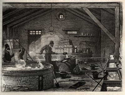Fabricación de jabón - La industria del jabón - Fabricación de jabón de sebo en una fábrica cerca de París. Grabado en 
