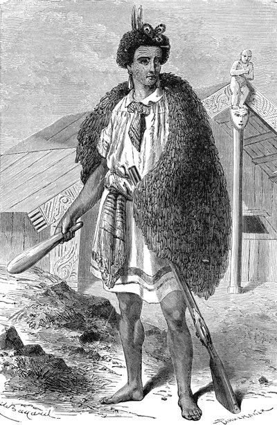 Cocinero maorí en los alrededores de AUCKLAND, Nueva Zelanda. Grabado 1885 de Unknown artist