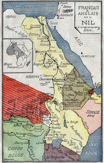 Mapa de los territorios africanos colonizados por franceses e ingleses a lo largo del Nilo. Ilustración en “Le Pelerin” del 2 de octubre. de Unknown artist