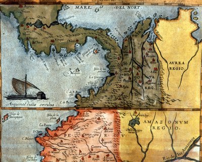 Mapa de América Central en el siglo XVI: arriba muestra las regiones de Perú, Amazonas y Bogotá (Panamá, Colombia y Venezuela) de Unknown artist