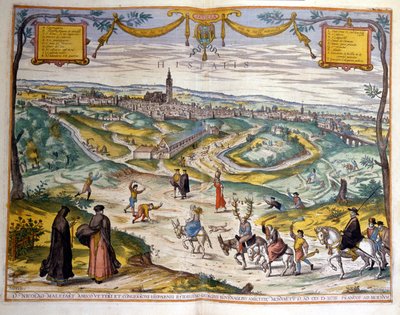 Mapa de la ciudad de Sevilla en 1590. En la parte inferior derecha de la imagen, la gente del pueblo se burla de un cornudo en su burro de Unknown artist