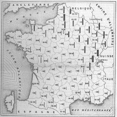 Mapa de la distribución de la estatura en Francia: la altura de las barras es inversamente proporcional para cada departamento al número de conscriptos exentos por defectos de tamaño, sobre 1000 examinados. Las cifras dan ese número por 100. Los veinte dep de Unknown artist