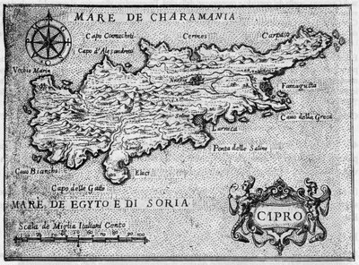 Mapa de la isla de Chipre en 1587 en “Il devotissimo viaggio di Gerusalemme” de Unknown artist