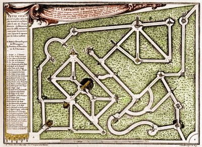 Mapa del laberinto en el parque del castillo de Versalles, creado por André Le Nôtre (1613-1700). Grabado en "La Nature. Revue des sciences et de ses aplicaciones aux arts et a l