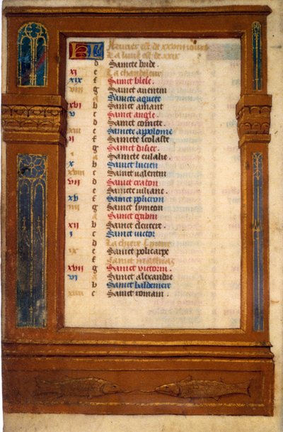 Calendario de marzo con el signo de Piscis - Miniatura de la Edad Media de Unknown artist