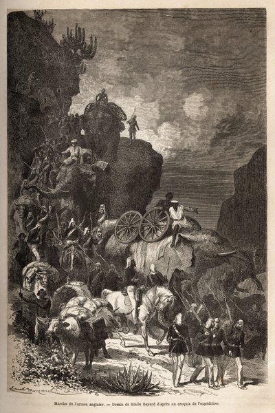 Marcha del ejército inglés hacia la meseta de Dalanta, siguiendo a las tropas del emperador Theodoros (circa 1818-1868), con elefantes para el transporte de piezas de artillería. Grabado para ilustrar la historia 