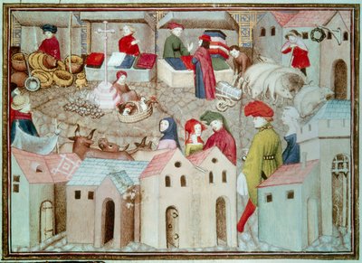 Mercado de Champeaux en París. Comerciantes de ganado y aves, pañeros. Miniatura tomada de El Caballero Errante de Thomas de Saluces (Tommaso III di Saluzzo), circa 1403-1404. París, B.N. de Unknown artist