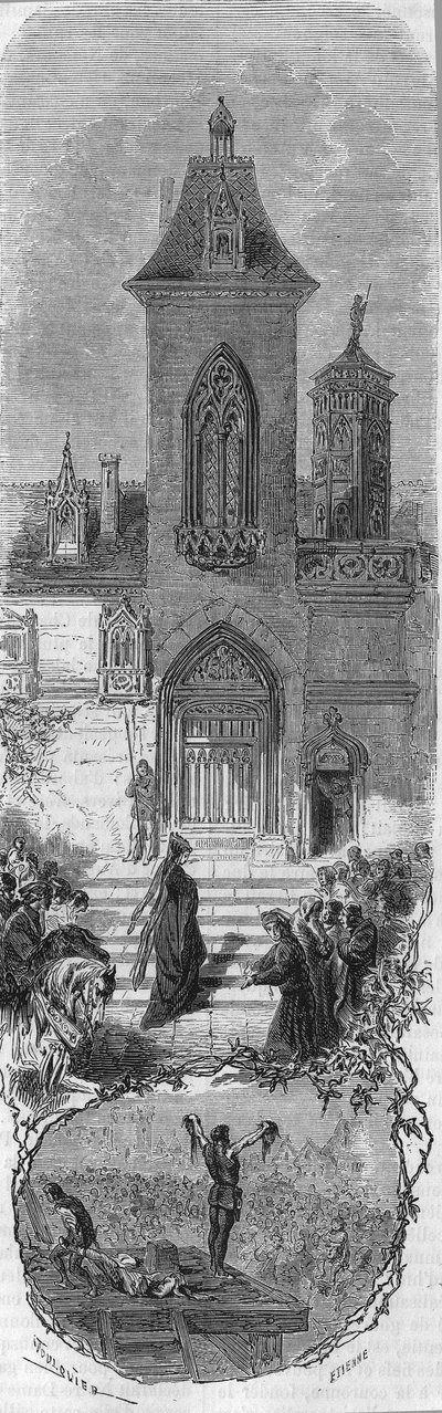María de Borgoña pide la gracia de sus ministros. Muerte de Hugonat y el Señor de Humbercourt el 3 de abril de 1477. Grabado del siglo XIX. de Unknown artist