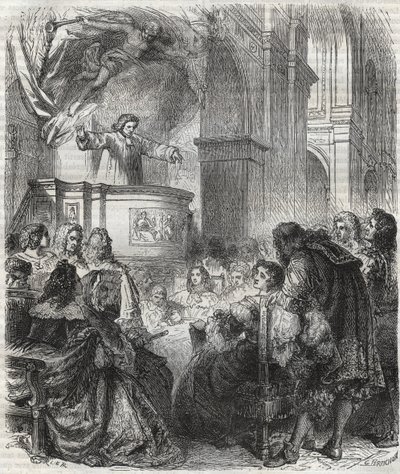 María de Rabutin-Chantal, marquesa de Sévigné conocida como Madame de Sévigné (1626-1696), escucha a Louis Bourdaloue (1632-1704) francés en la iglesia de los jesuitas, Saint-Louis en París - grabado de 1866 de Unknown artist