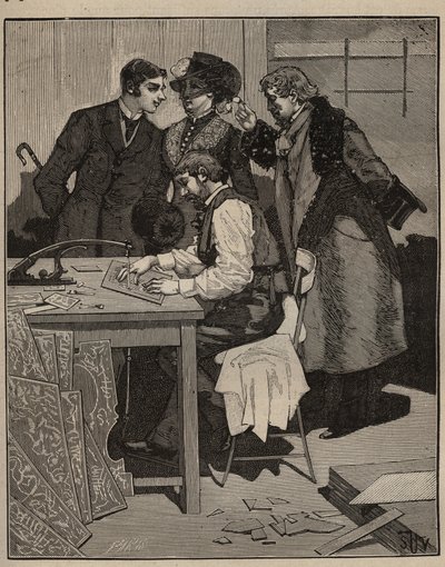 Marquetería: marquetería tiene la obra. Grabado de 1885 en “Les arts et metiers illustres” de Adolphe BITARD. de Unknown artist