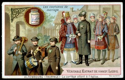 Costumbres matrimoniales: la procesión hacia la iglesia en Altenburg (Turingia) - cromo. Liebig, v. 1895 de Unknown artist