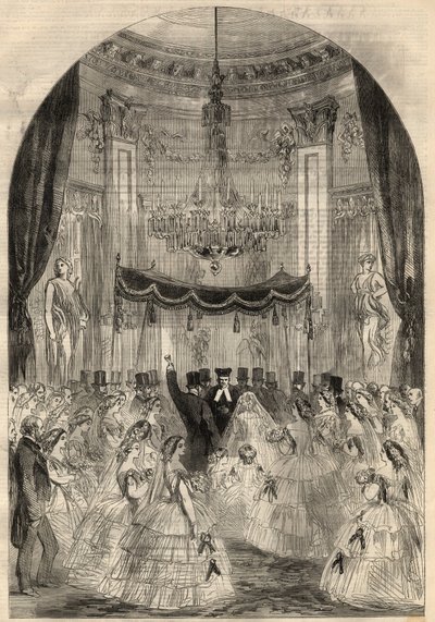 Matrimonio del Barón Alphonse de Rothschild (1827-1905) y Leonora de Rothschild (1837-1911). La novia aprendió a lanzar una bebida al suelo, la última etapa de un matrimonio judío llamado el “vidrio roto”. Grabado en “The Illustrated London News” de marzo. de Unknown artist