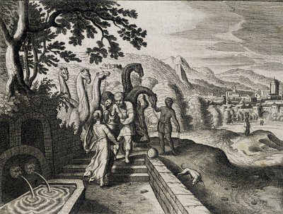 Matrimonio de Isaac y Rebeca. Grabado de una Biblia del siglo XVII de Unknown artist