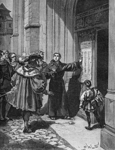 Martín Lutero (1483-1546) colgando sus 95 tesis en Wittenberg de Unknown artist