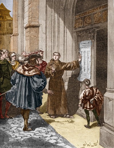 Martín Lutero (1483-1546) colgando sus 95 tesis en Wittenberg de Unknown artist