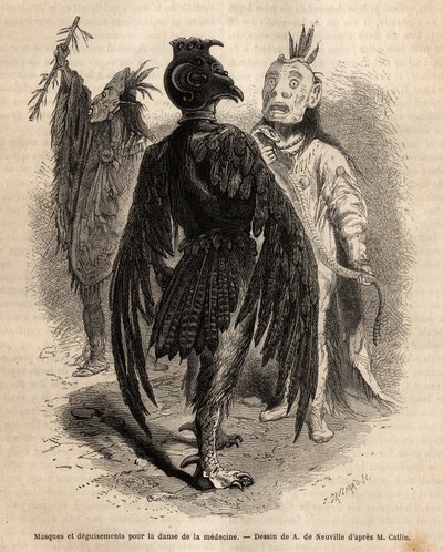 Máscaras y disfraces para la danza de la medicina entre los indios Naya. Grabado para ilustrar una excursión entre las tribus indias de las cuencas de Colombia y el Alto Missouri, por G. Catlin, en 1855, publicado en "le tour du monde", bajo la dirección de Unknown artist