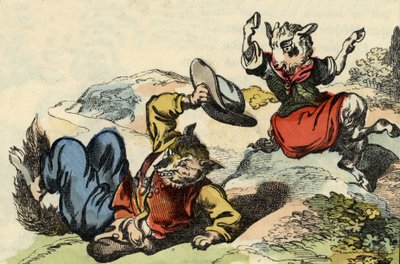 El maestro zorro juega con la Pequeña Cabra. Ilustración del cuento “Buen Medor y la Pequeña Chevrette”. En “Cuentos del hogar para los pequeños”. Grabado anónimo del siglo XIX. de Unknown artist