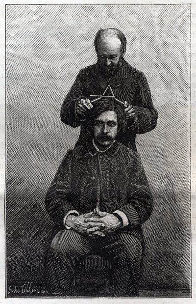 Mediciones del ancho máximo de la cabeza por la prefectura de policía según los métodos de Alphonse Bertillon (1853-1914) conocido como "Bertillonage". Grabado en "La Naturaleza" de Unknown artist