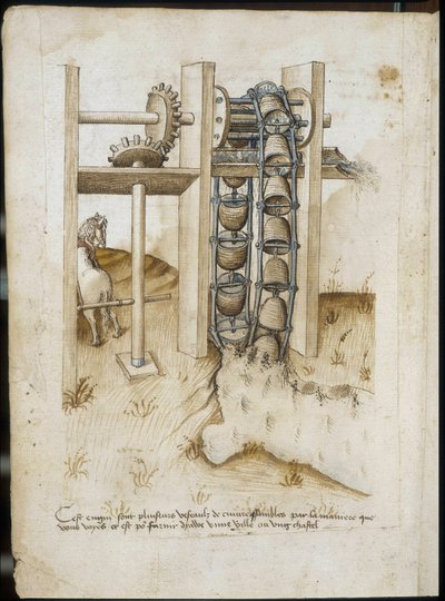 Sistema mecánico con una rueda a la fuerza de un caballo para cavar la tierra - Manuscrito: hoja de pergamino de un manual de ingeniero para la construcción de edificios civiles, religiosos y militares, anónimo, finales del siglo XV (figura en tinta china) de Unknown artist