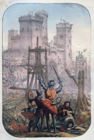 Vida medieval - Ataque y defensa de un castillo - grabado de 