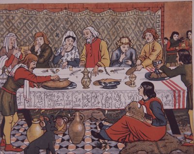 Señor feudal medieval cenando (litografía en color) de Unknown artist