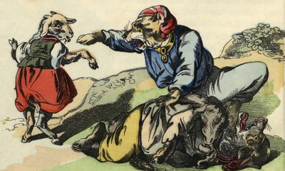 Medor salva al Pequeño Chef del lobo. Ilustración del cuento “Buen Medor y la Pequeña Chevrette”. En “Cuentos del hogar para los pequeños”. Grabado anónimo del siglo XIX. de Unknown artist