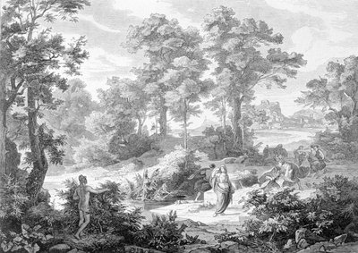 Encuentro entre Ulises que estaba acostado cerca de un río y Nausicaa. Grabado de finales del siglo XIX. de Unknown artist