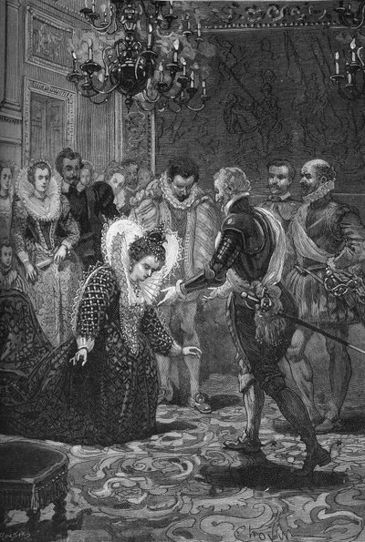Encuentro de María de Médicis y Enrique IV (1601): María de Médicis (1573-1642) inclinándose ante su esposo, el rey de Francia Enrique IV (1553-1610). Grabado del siglo XIX. En “Histoire de France” de Jules Michelet de Unknown artist