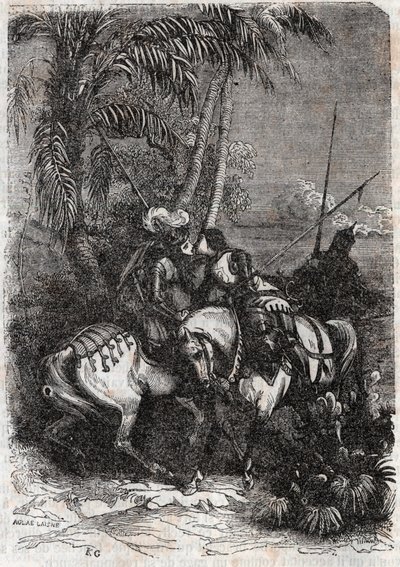 Encuentro de Marphise, Astolphe y Sansonnet - grabado de 1851 de “Roland furieux” (Orlando furioso) (siglo XVI) por Ludovico Ariosto, conocido como el Ariosta - Edición traducida del italiano por el Conde de Tressan de Unknown artist