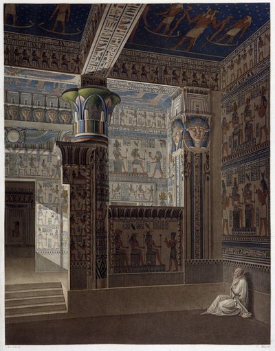 Memnonium Tebas, pl 37: Vista interior colorida del templo del oeste - en 