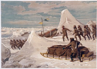 Hombres y trineos - en "Las costas del mar polar, una narración de expedición ártica", por el Dr. Edward Moos, Marcus Nard & Co, Londres de Unknown artist