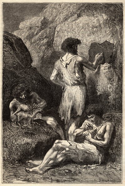 Hombres en la edad de piedra - Hombres en la edad de piedra - grabado del siglo XIX de Unknown artist