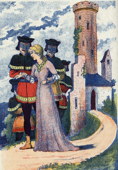 Los hombres enmascarados entrenan a la princesa. Ilustración anónima para el cuento "El pájaro azul", cuento de Madame d