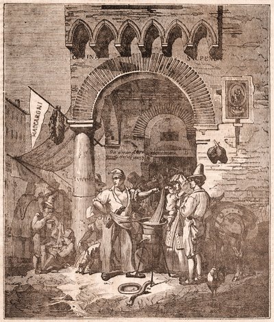 Comerciante cocinando pasta en una cacerola, escena italiana de Unknown artist