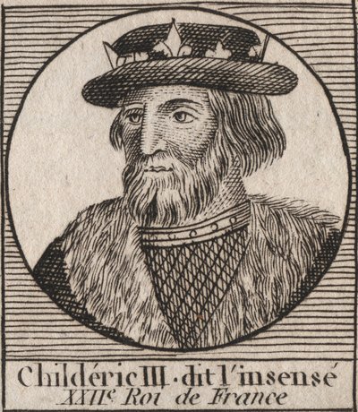 Dinastía Merovingia: Retrato de Childerico III (714-755) Rey de los Francos - grabado de “Instruction sur l
