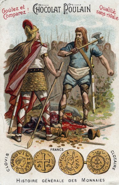 Merovingios: Clodoveo I derribando al soldado que había roto el vaso de Soissons, en 486. En Historia General de las Monedas. Cromolitografía de chocolate del final del siglo XIX. Colección privada. de Unknown artist