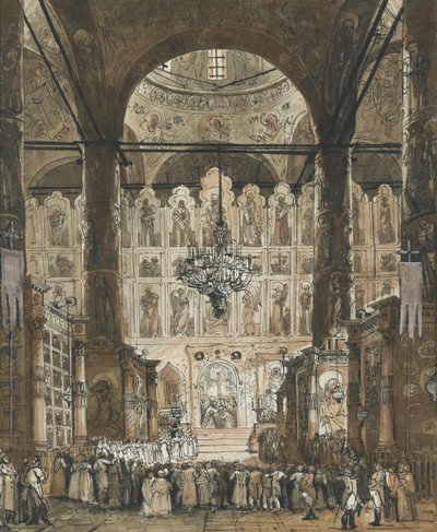 Misa en la Catedral de la Dormición en el Kremlin de Moscú, Rusia de Unknown artist
