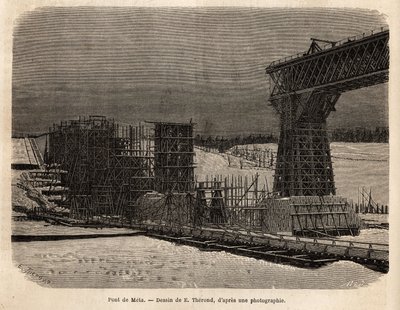 Puente Meta (Ucrania), en construcción. Grabado para ilustrar 