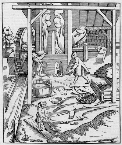 Soplador de horno de metal operado por un motor hidráulico. Facsímil de un grabado publicado en "Cosmographie" (1555) por Sebastien Munster. de Unknown artist