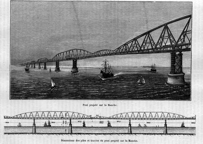 Proyecto de puente metálico sobre el Canal: en la parte superior, el puente una vez terminado; en la parte inferior, las dimensiones de los pilares y travesaños del puente proyectado. Grabado en "El diario de la juventud" de Unknown artist