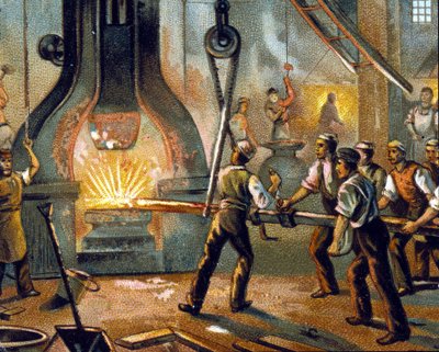 Metalurgia: martillo de tambor - Fabricación de hierro. Cromolitografía de 1890 de Unknown artist