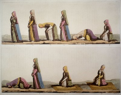 Método para posiciones de oración de los musulmanes. En “El Traje Antiguo y Moderno” 1819-1820, por Ferrario. de Unknown artist