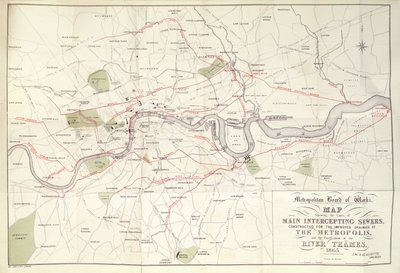 Plano de la Junta Metropolitana de Obras del plan de Bazalgette para las líneas de alcantarillas interceptoras principales, construidas para mejorar el drenaje de la metrópolis. de Unknown artist