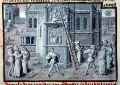Edad Media: la construcción de catedrales góticas. Escultores trabajando en relieves en una escala. Miniatura de un manuscrito. Siglo XV París, B.N. de Unknown artist