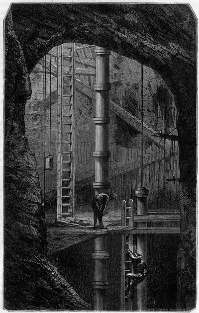 Mineros dentro de una mina de estaño en Cornualles, Inglaterra. Grabado en el diario “La jeunesse” de Unknown artist