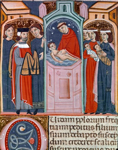 Escena de bautismo en miniatura tomada del Código de Justiniano (Codex Justinianus), colección de leyes e instituciones publicadas bajo el emperador romano Justiniano I de Bizancio (483-565) de Unknown artist
