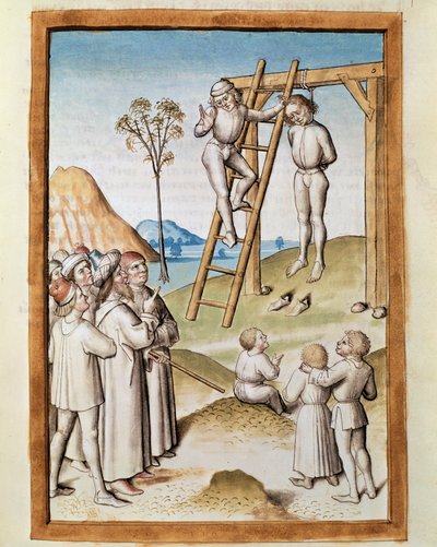 Miniatura de escena de ahorcamiento tomada de una traducción alemana de las fábulas de "Kalila y Dimna" por Bidpai. (ms. 1389, fol. 117) alrededor de 1480 Chantilly, museo Condé de Unknown artist