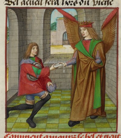 Miniatura de Amour (Amor) entregando una carta a un mensajero, de 