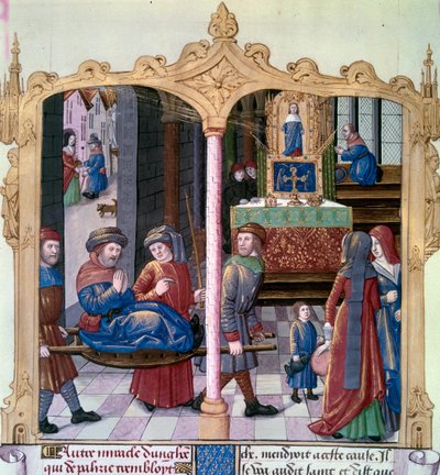 Milagros de San Luis: el Rey Luis IX (1214-1270) curando a un paralítico. Miniatura de un manuscrito 