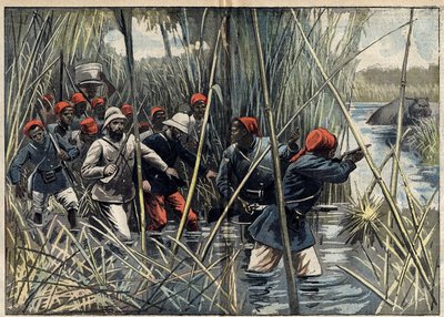 Misión Marchand (1896-1899) a Fachoda (Sudán): el capitán francés Baratier (1864-1917) y sus tropas avanzando a través del pantano hacia Fachoda. (Según el diario del Capitán Baratier). Ilustración en “Le Pelerin” del 6 de noviembre de Unknown artist